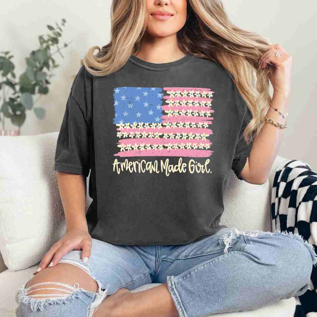 American Made Girl Floral USA Flag T-Shirt