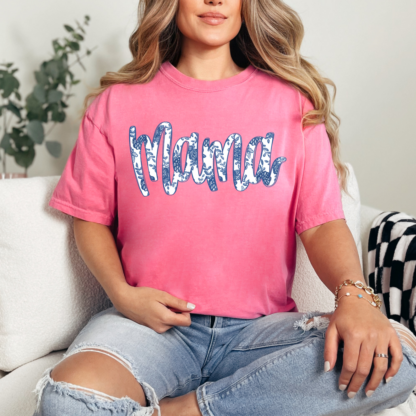 Mama Blue Floral Comfort Color Shirt T-shirt