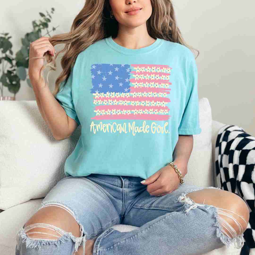 American Made Girl Floral USA Flag T-Shirt
