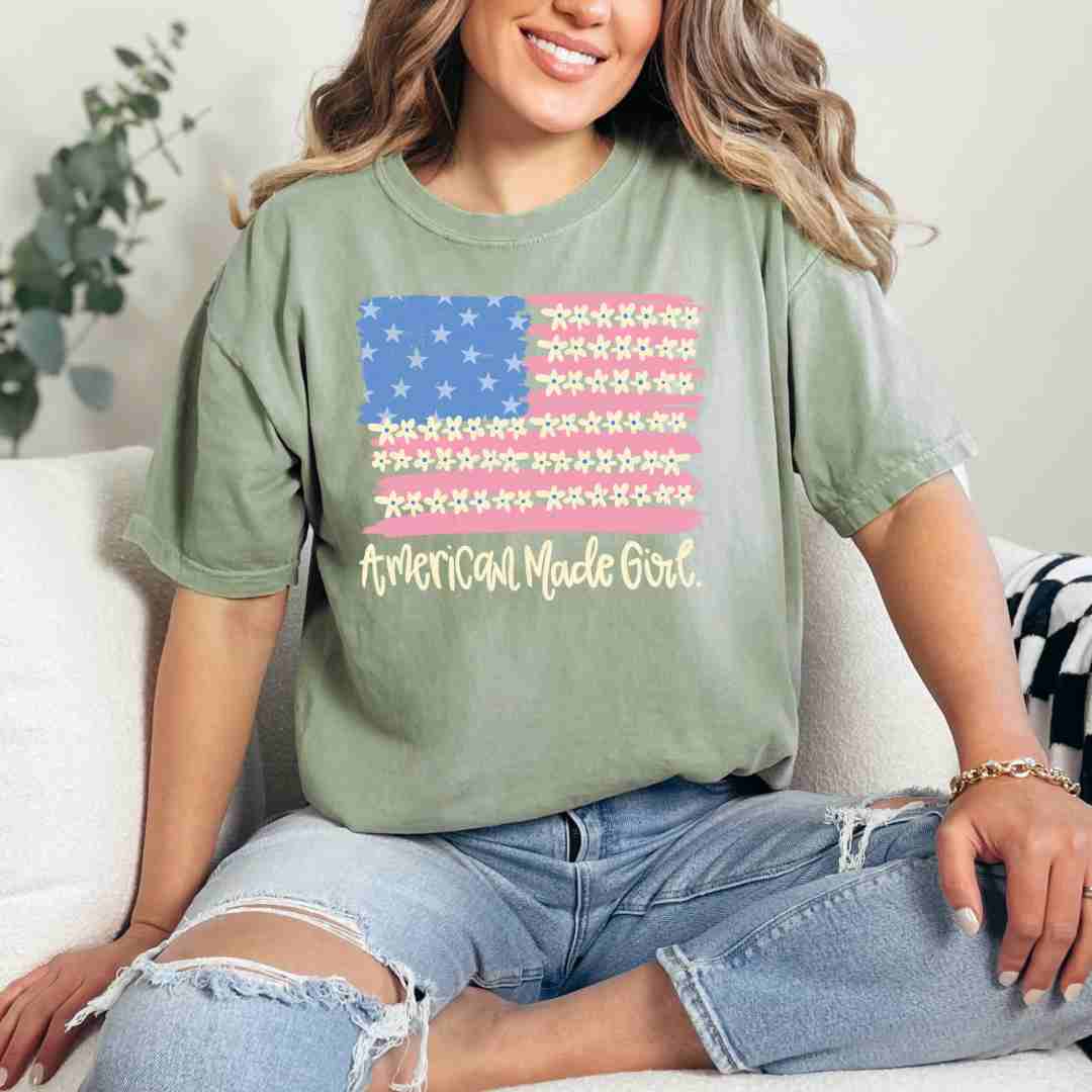 American Made Girl Floral USA Flag T-Shirt