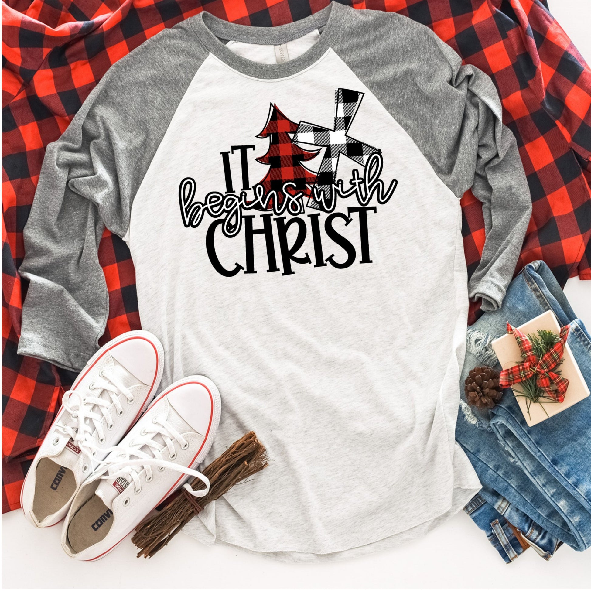 It begins with Christ Christmas Raglan Shirt - Enid & Elle