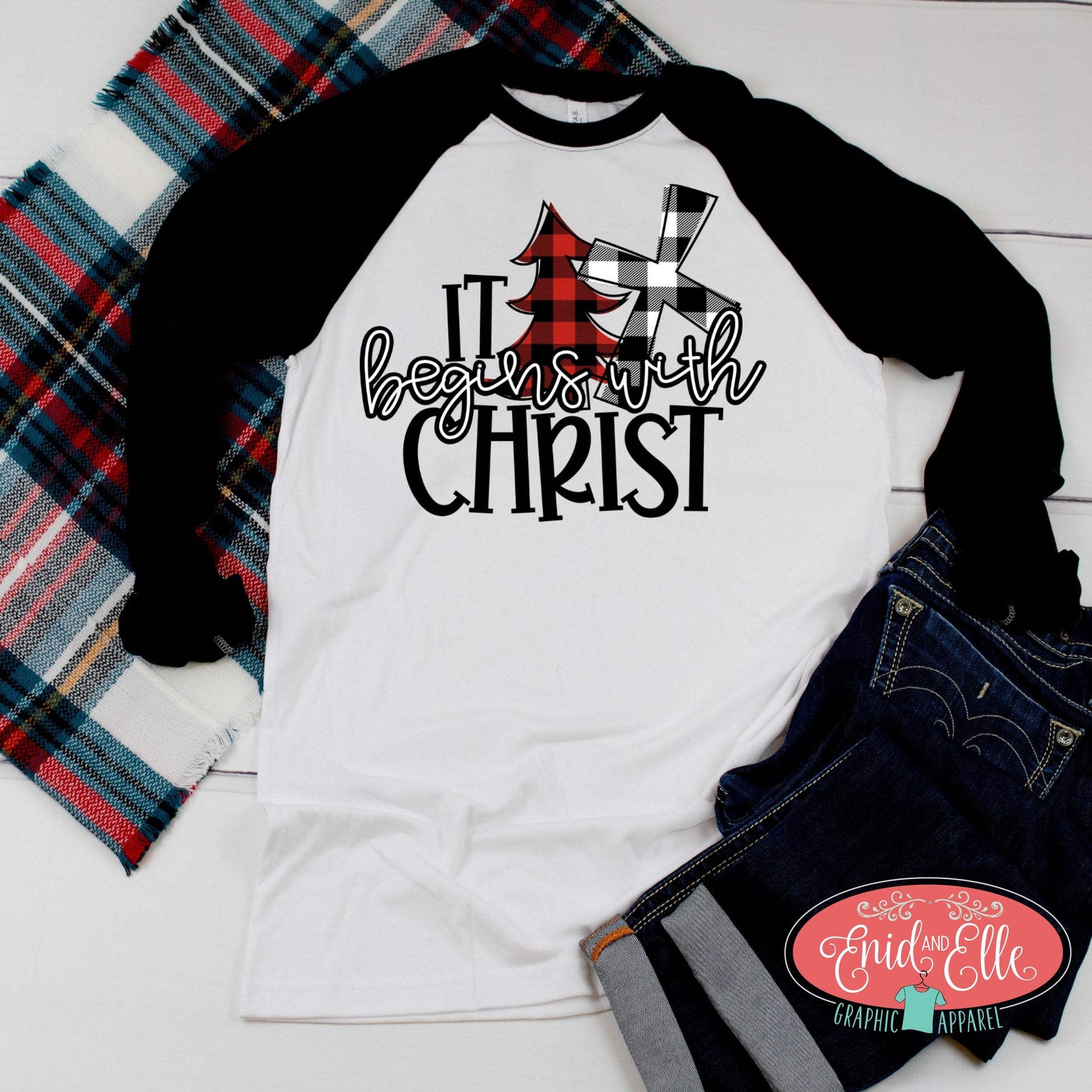 It begins with Christ Christmas Raglan Shirt - Enid & Elle