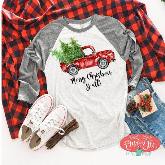 Merry Christmas Y'all Red Truck Raglan - Enid & Elle